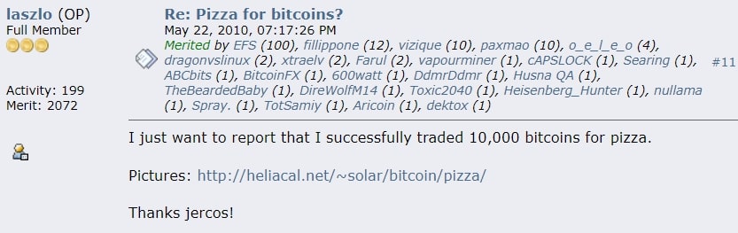 ピザ2枚が10000BTCで取引