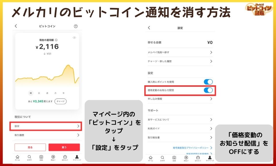 メルカリのビットコイン通知を消す方法